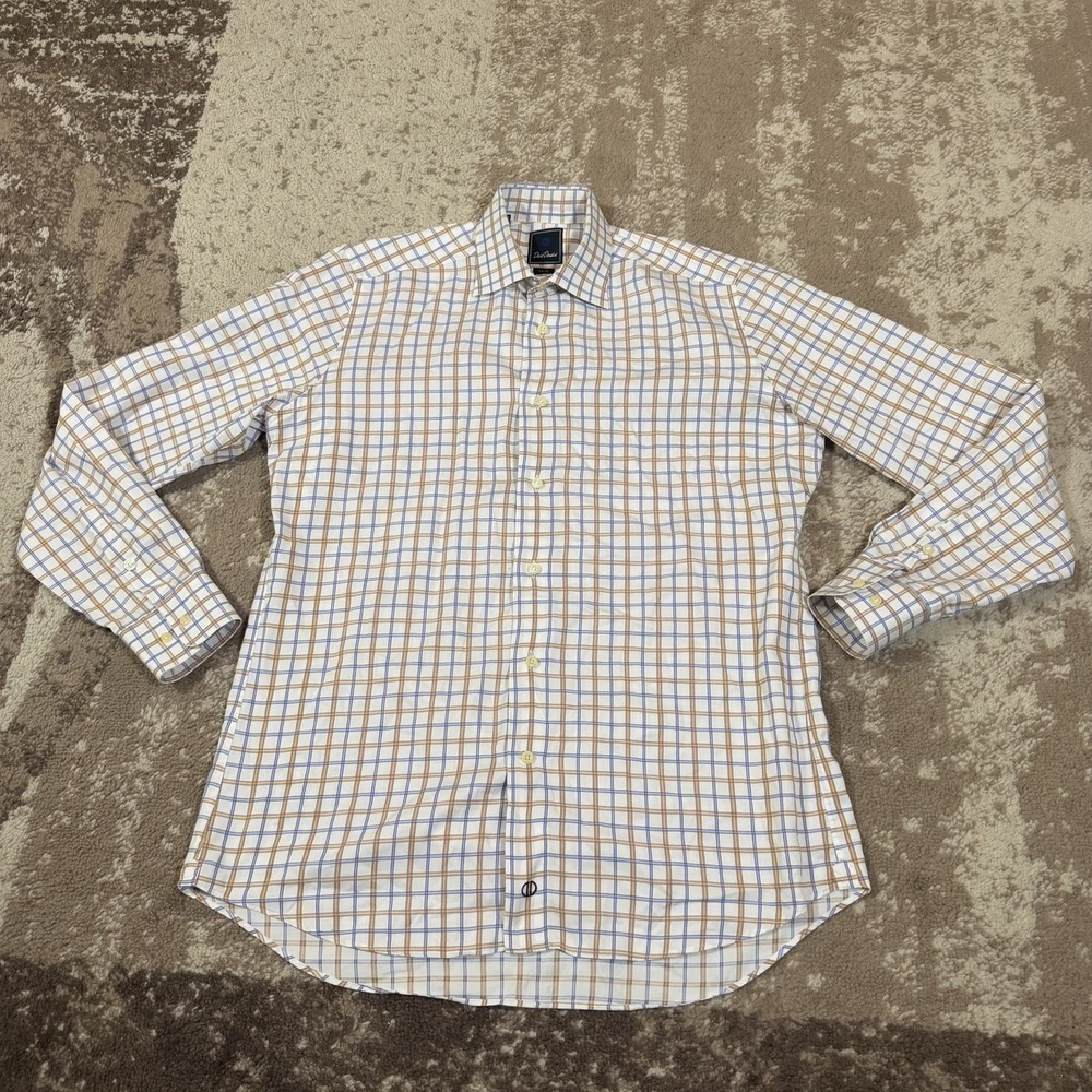 David Donahue Trim Fit Long Sleeve Dress Shirt Mens 16-34/35 Check Plaid